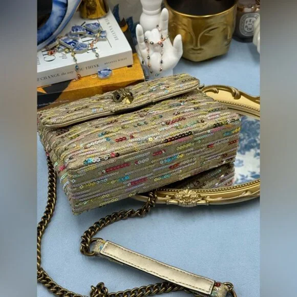 🆕 KURT GEIGER LONDON 🧿 NWOT Lurex Medium Kensington, Gold Rainbow Sequins - Picture 9 of 13